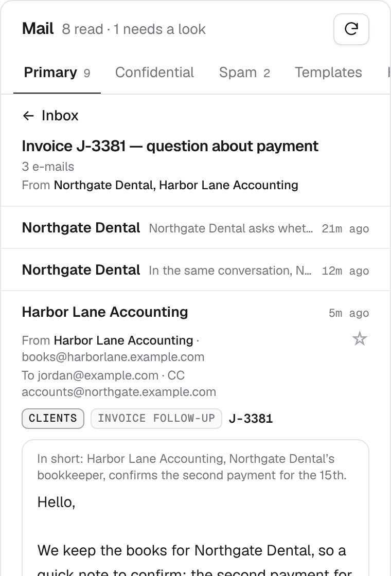 A conversation open in the reader: the subject, a count of 3 e-mails, both senders, the two earlier e-mails as one line each, and the start of the newest one.